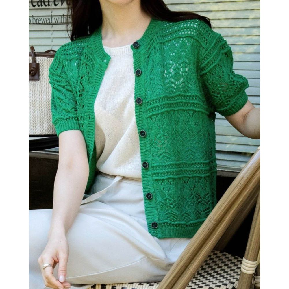韓製 夏日棉麻編織圖騰短袖針織外套/上衣-綠 (FREE)