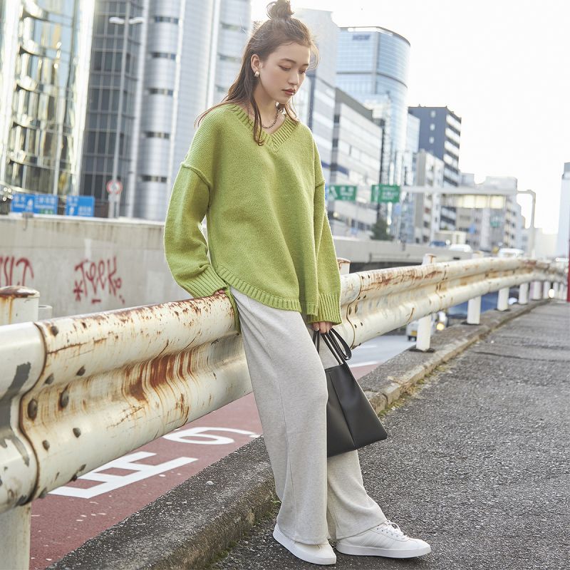 日本 Rejoule - V領落肩前短後長寬鬆針織毛衣-紫 (M(Free size))