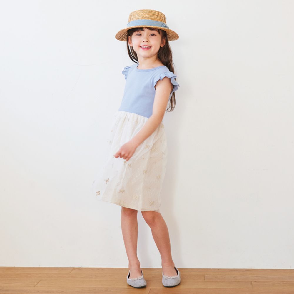 日本 evercloset - 荷葉袖蝴蝶結蕾絲刺繡洋裝-卡其