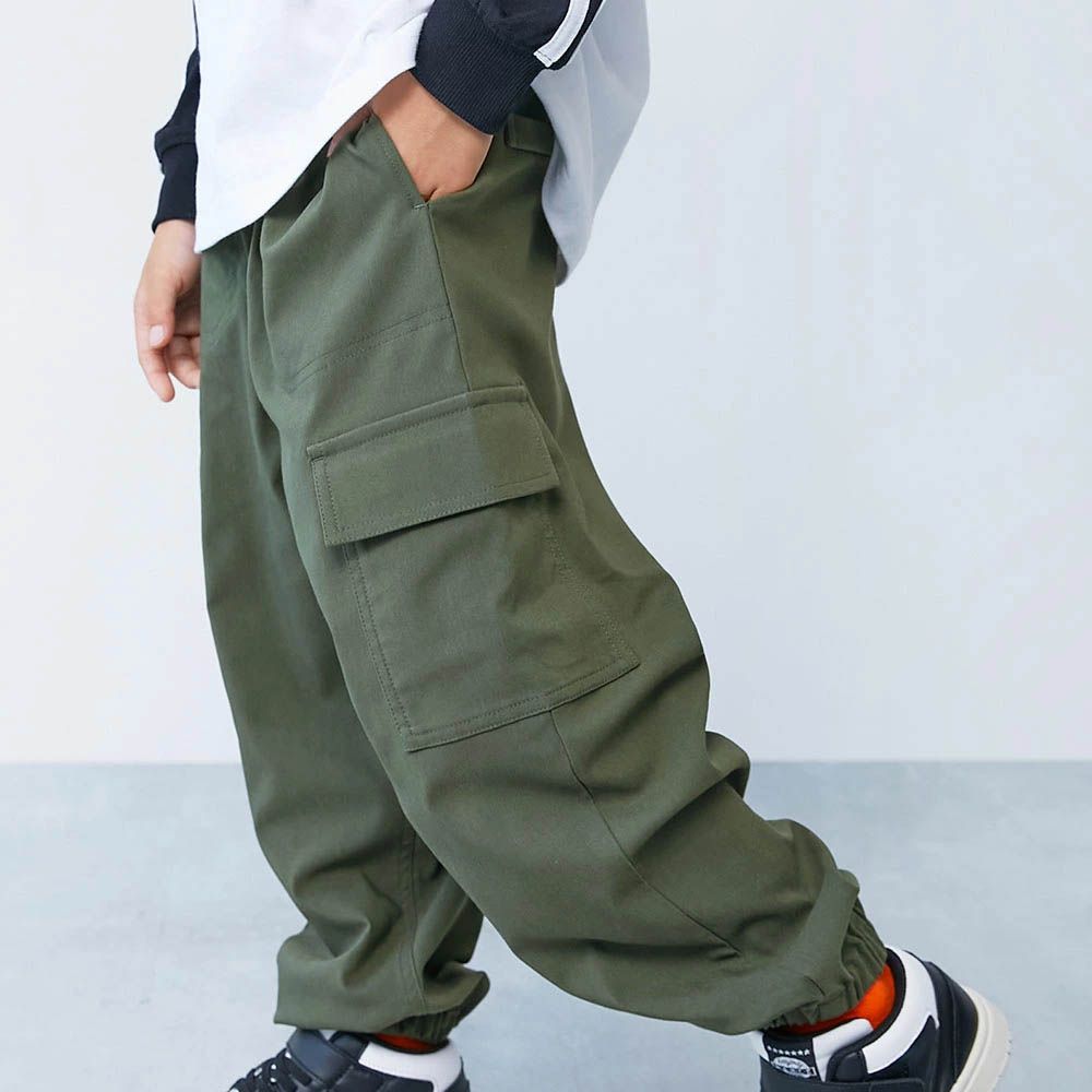 彈性斜布紋縮口工裝長褲-軍綠