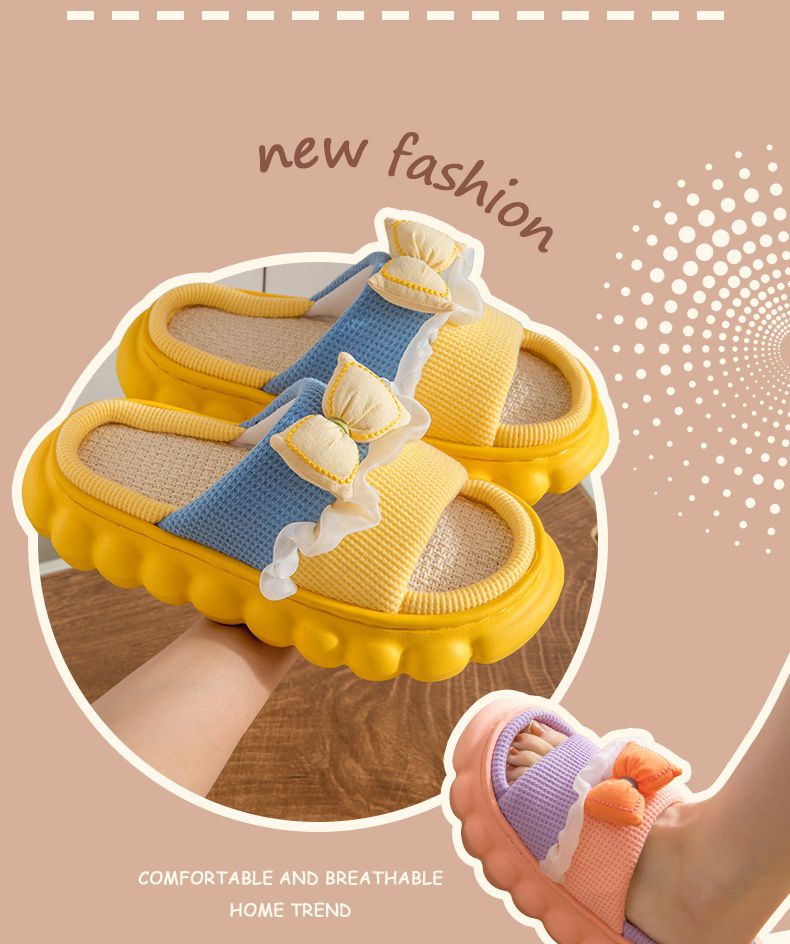 親子款厚底海綿感亞麻室內拖鞋-澎澎蝴蝶結-黃+藍