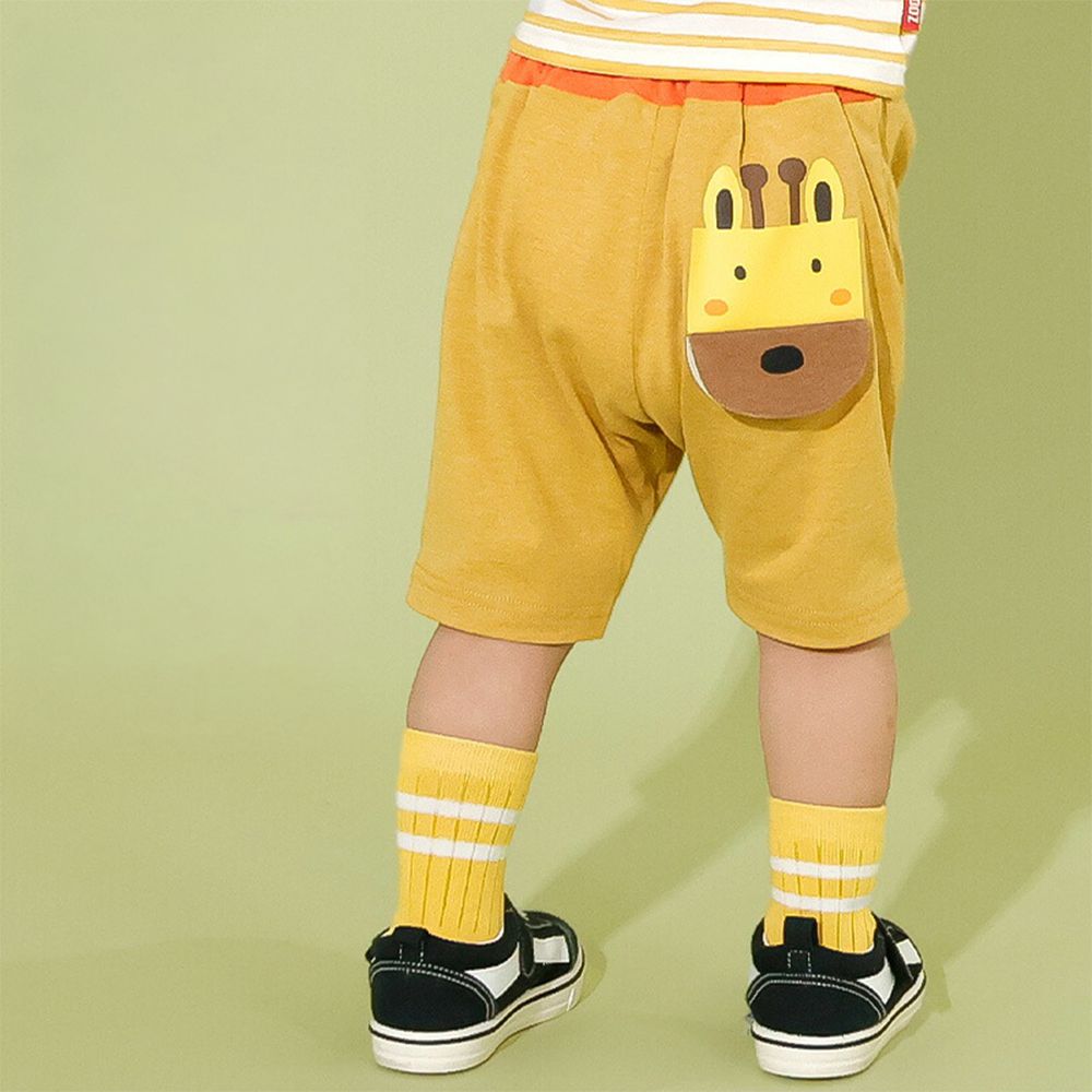 翻蓋可愛動物臉天竺棉短褲-長頸鹿-芥末黃