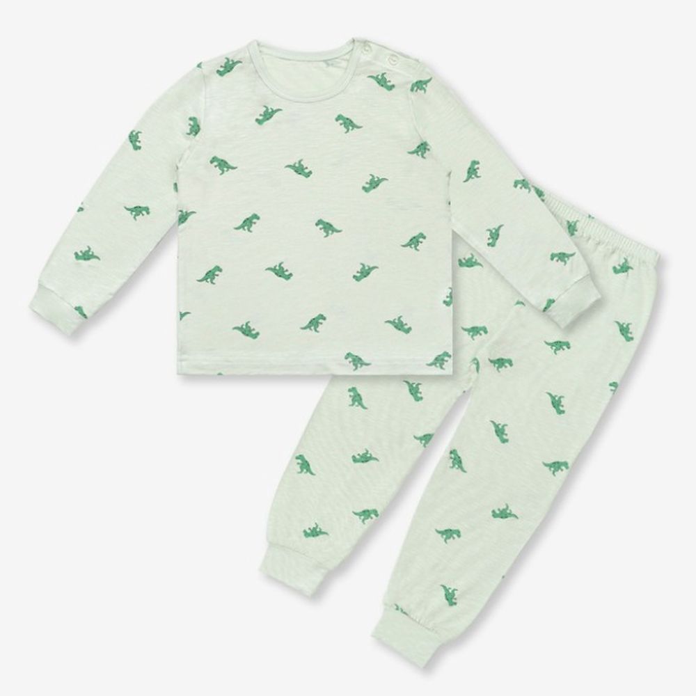 韓製親膚莫代爾彈力長袖家居服-綠色恐龍-薄荷