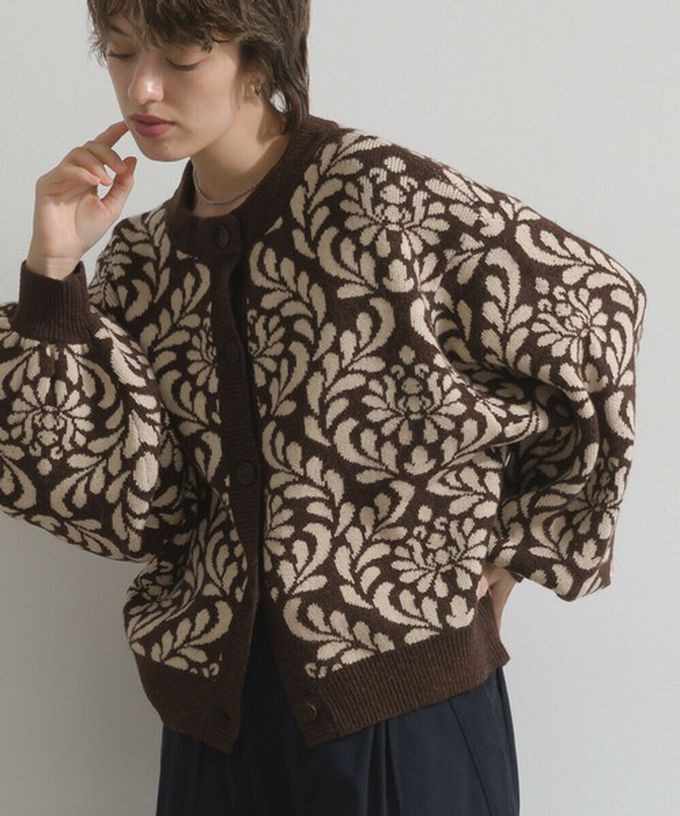 日本 Lupilien - 盛開花卉針織寬袖開襟衫/外套-炭灰