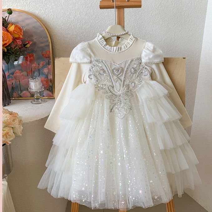 新年生日Party公主風精緻珍珠鑽飾網紗蛋糕裙長袖洋裝 白