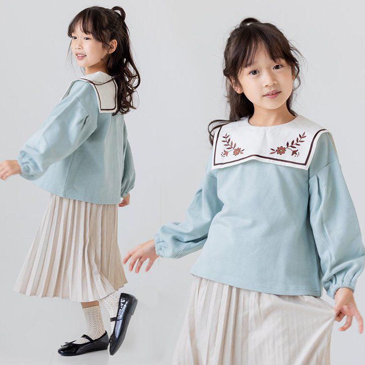 日本 Chil2 - 歐風文藝刺繡方領長袖上衣-薄荷綠