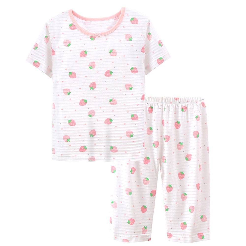 MAMDADKIDS - 竹節棉短袖套裝/家居服-滿園草莓-白色