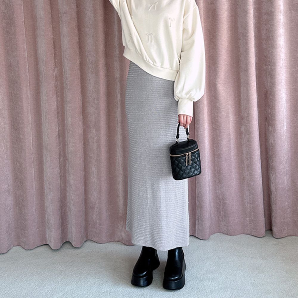 閃爍針織合身後開叉長裙-銀灰 (F)