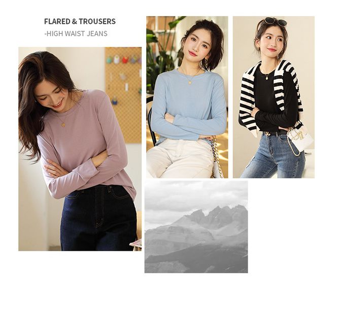 圓領寬鬆素色長袖上衣-紫色 (F)