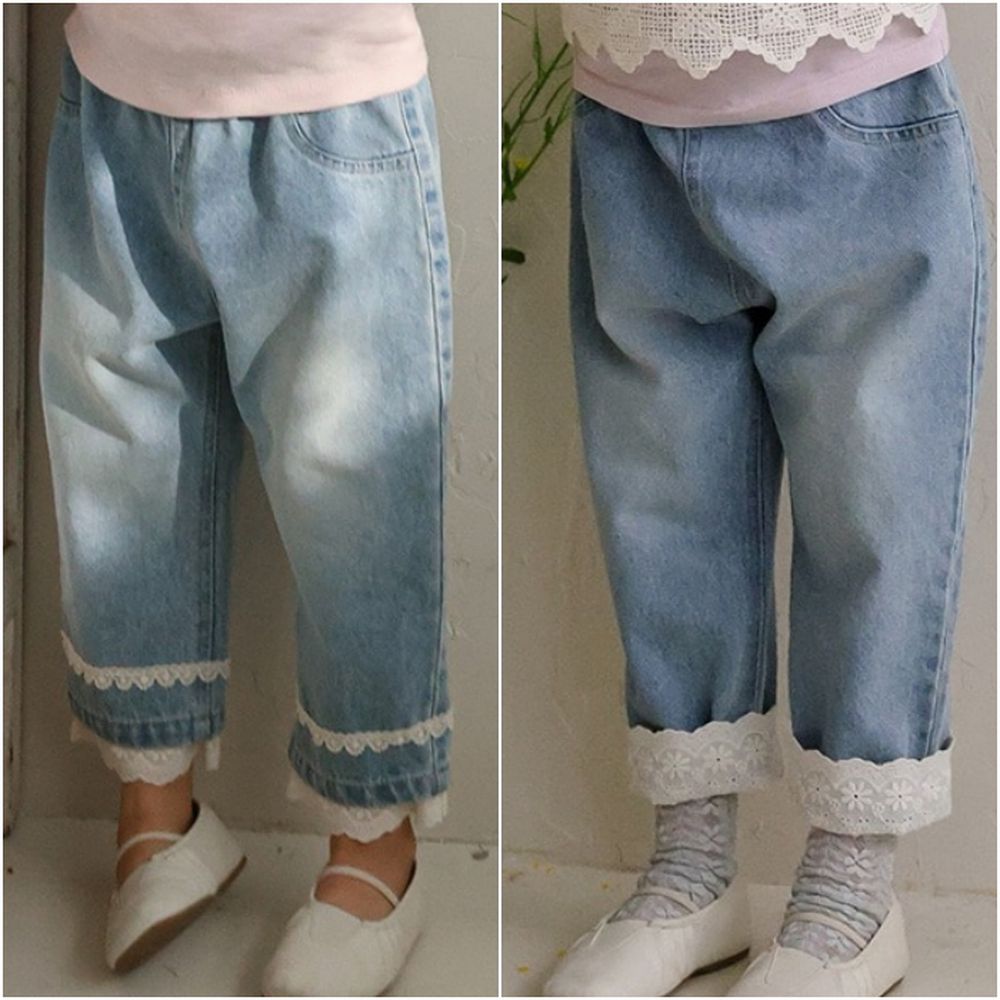 Puellaflo 鬆緊腰雕花蕾絲兩穿式牛仔褲-淺藍