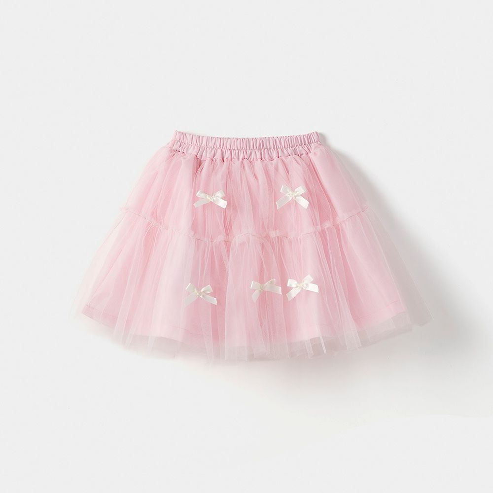 鬆緊腰蝴蝶結裝飾層次網紗蓬裙-粉