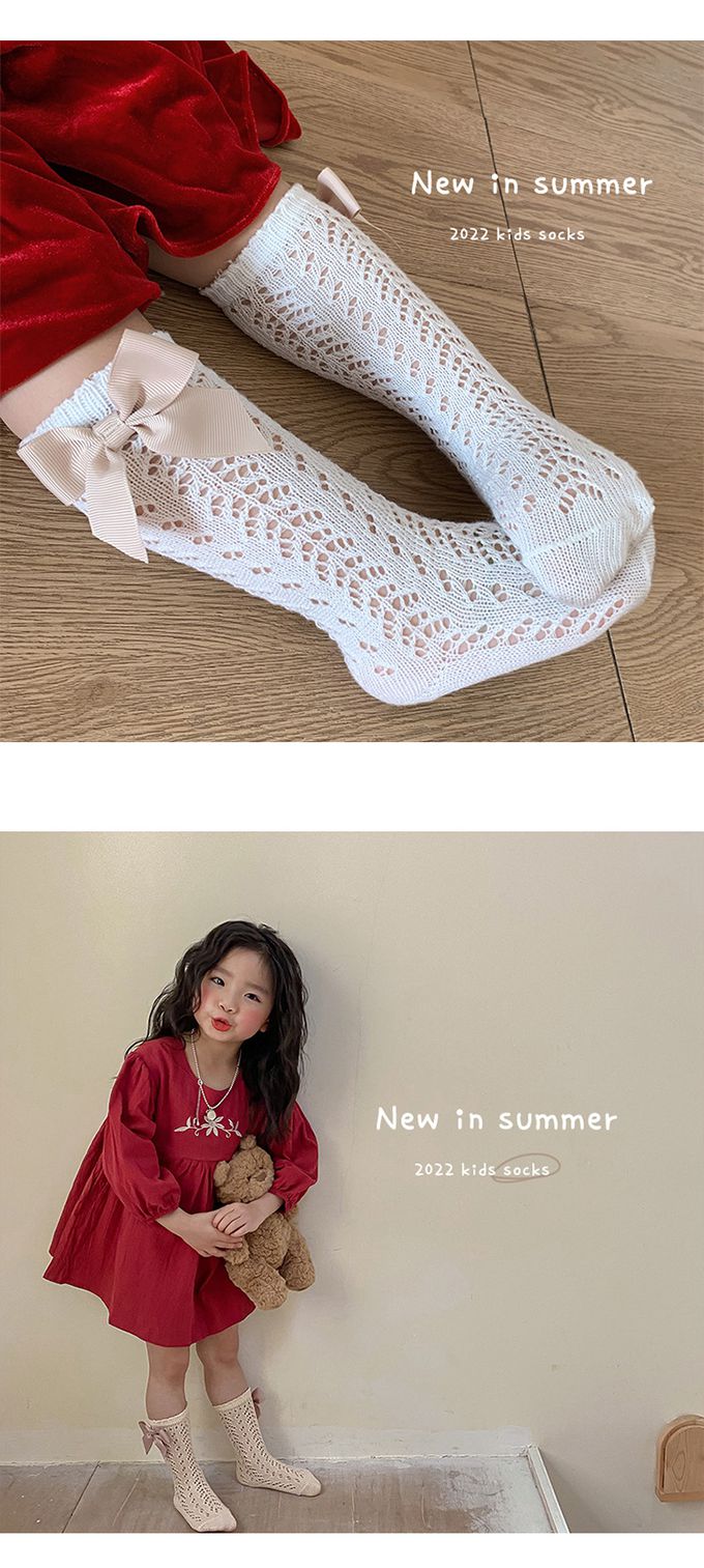 JB clothes - 三入一組-1102蝴蝶結網眼中筒襪-A款(黑白棕)