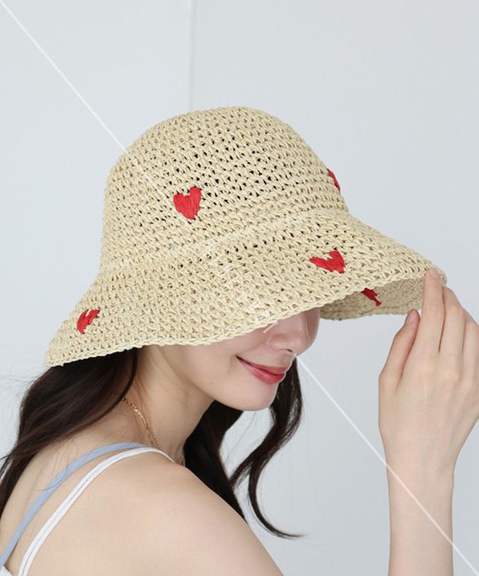 日本 BLUE EAST - 可愛刺繡編織遮陽漁夫帽-淺卡其