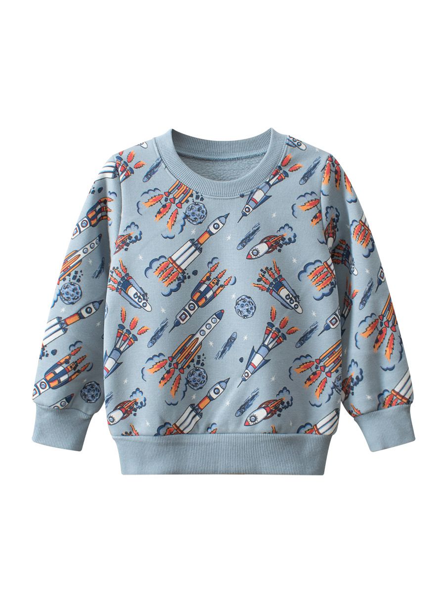 加絨棉質圓領長袖上衣/大學T-飛天火箭-藍灰色