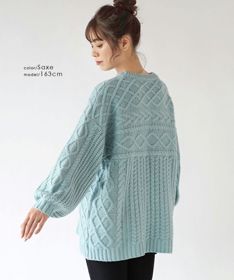 日本 zootie - 圓領麻花編織紋毛衣-水藍