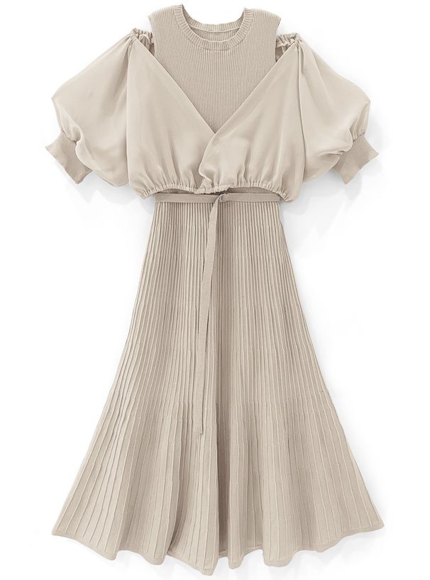 日本 GRL - 夢幻薄紗泡泡袖修身兩件式洋裝-淺米杏