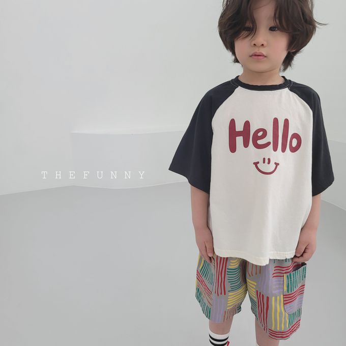 韓國 The Funny - Hello微笑印短袖上衣-米白X紅
