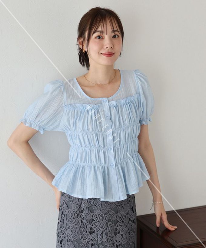 日本 BLUE EAST - 顯瘦皺摺荷葉泡泡短袖上衣-白