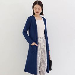 Yukié - 莫代爾雙口袋長版防曬外套/罩衫-藏青 (F)