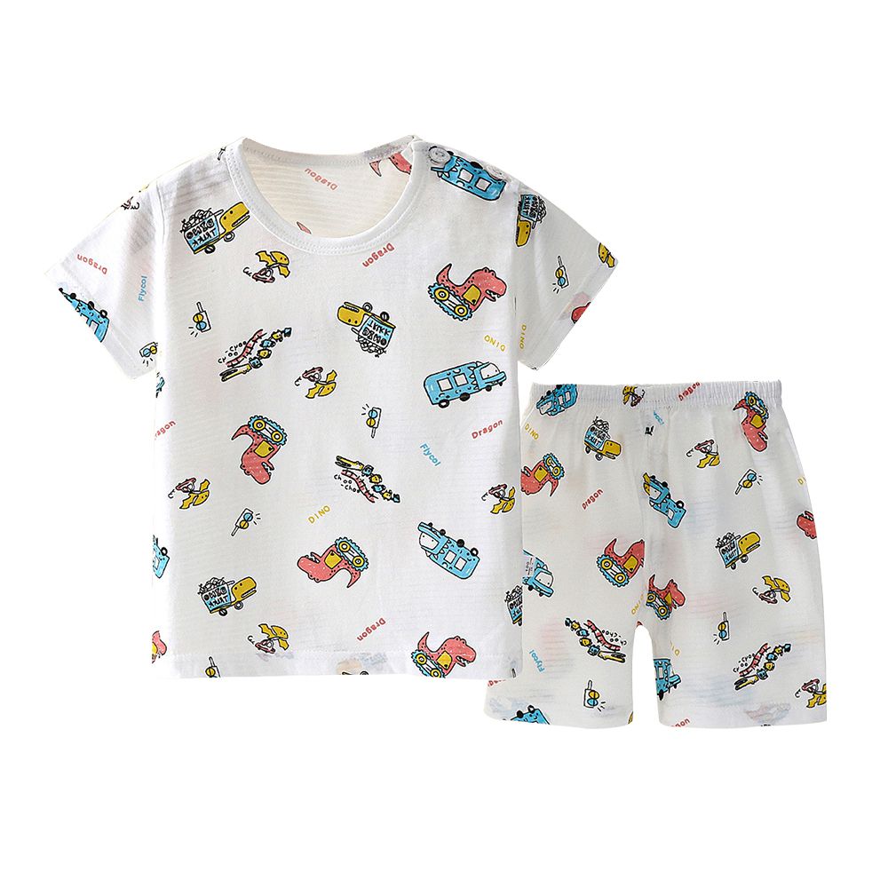 兒童短袖上衣+短褲套裝組 極薄純棉寶寶短袖上衣 寶寶短褲-恐龍車