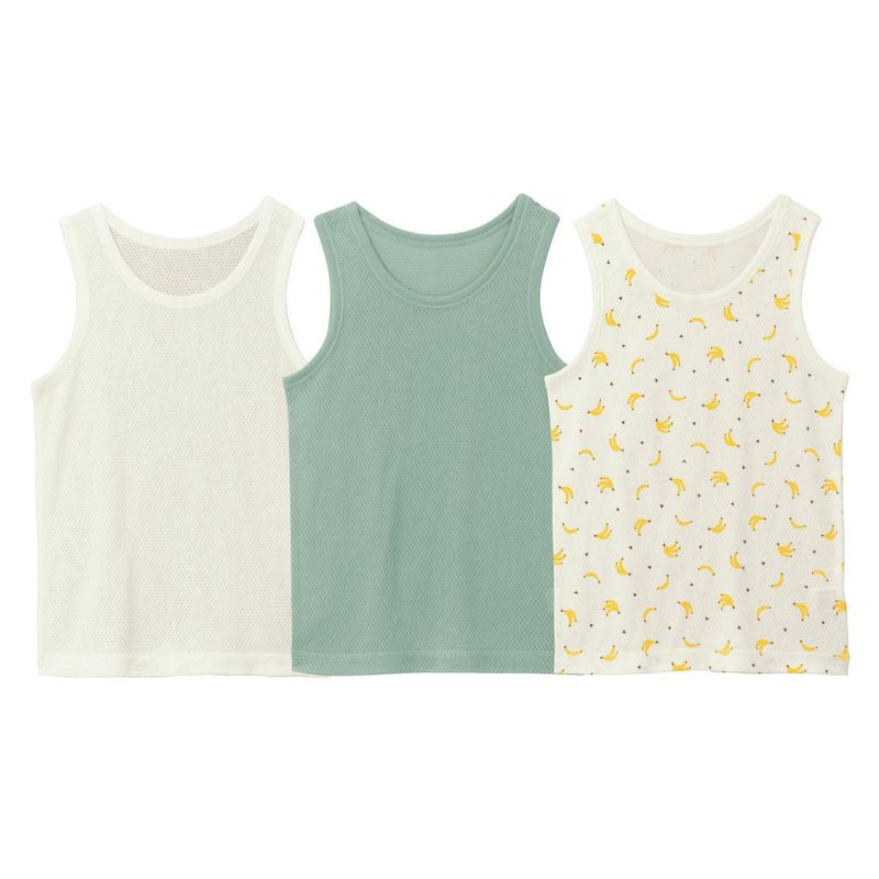 日本千趣會 - GITA 純棉涼爽洞洞背心超值三件組-白X綠X香蕉