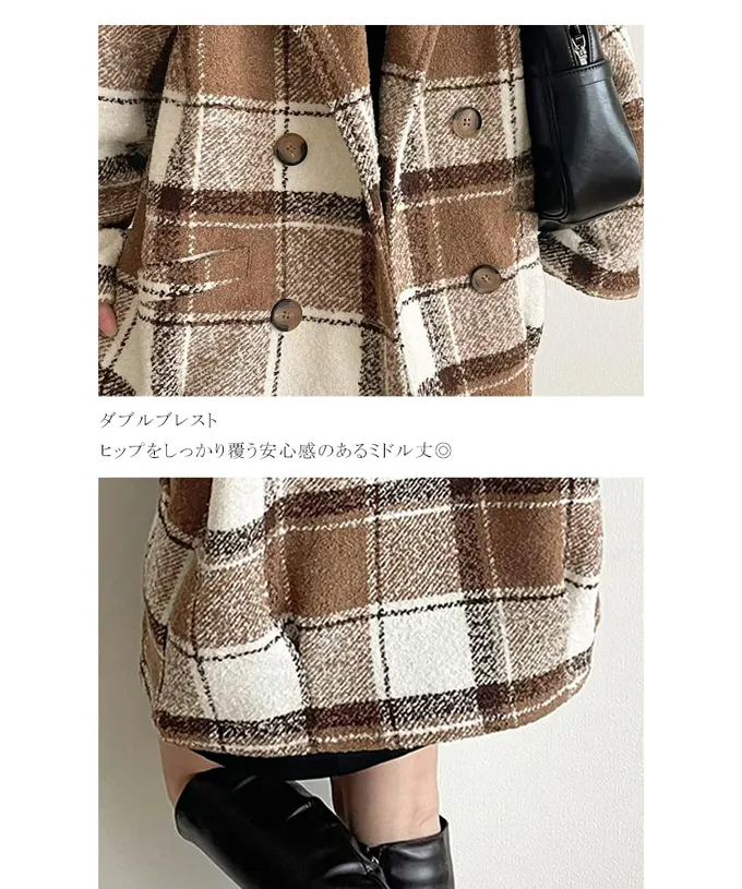 日本 Classical Elf - 亮麗格紋翻領廓形中長版大衣-焦糖棕