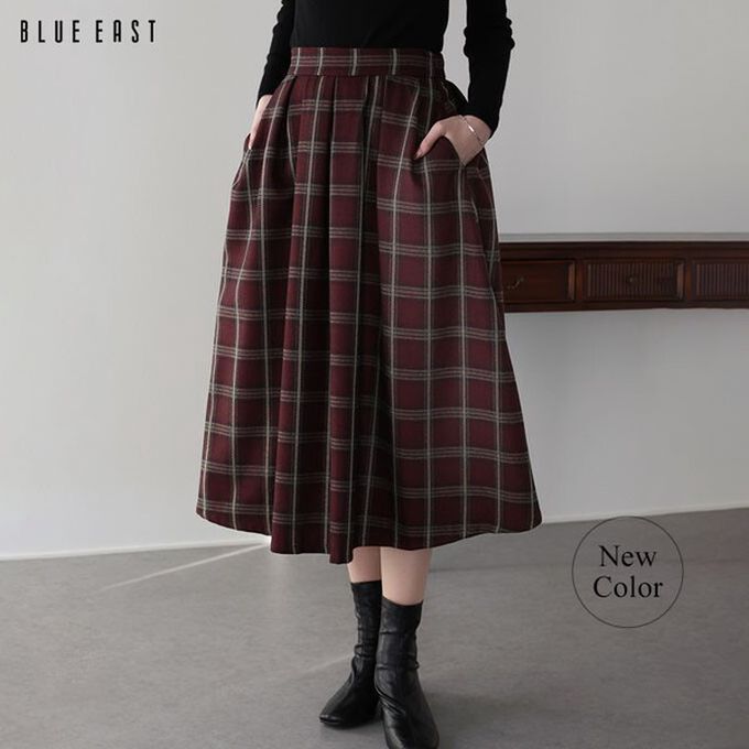 日本 BLUE EAST - 經典格紋挺版皺摺長裙(有口袋)-酒紅