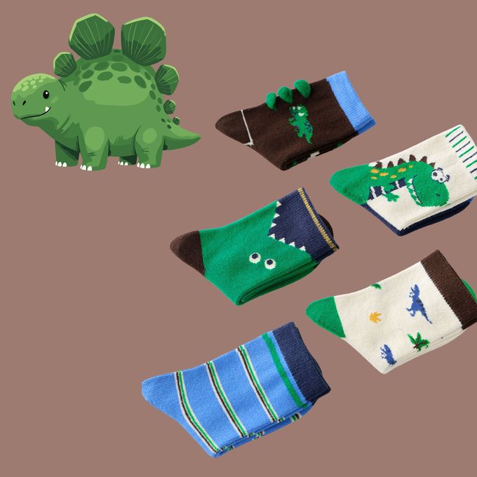 叢林小恐龍防滑點膠中筒棉襪