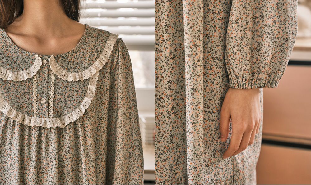 韓國 ULLALA - 浪漫碎花純棉長袖睡衣-(洋裝式)-薄荷綠 (FREE)