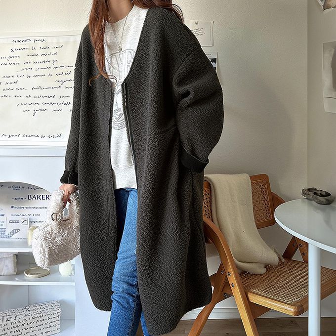 日本 Classical Elf - 溫暖毛呢休閒感無領長版外套-摩卡