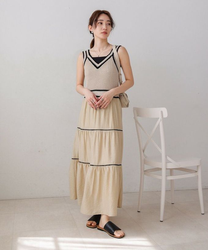 日本 Bab - 純棉針織拼接渡假風無袖洋裝-淺米杏