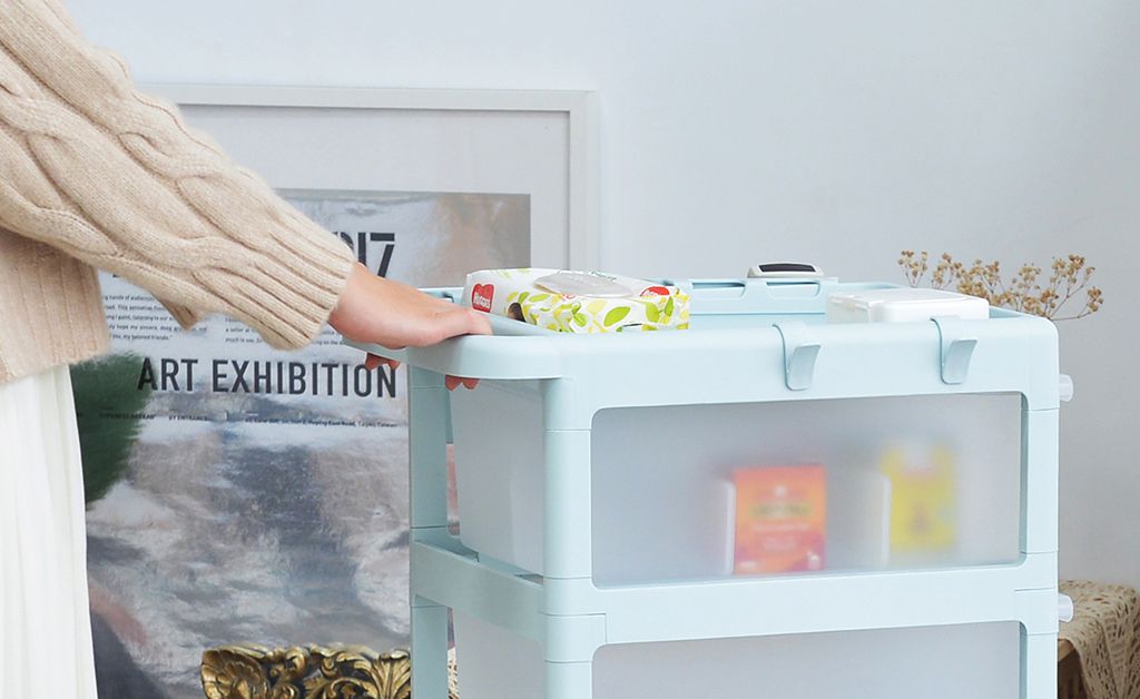 PICKup - 可移式四層抽屜多用途收納推車(3抽)-DIY-霧透抽屜款(粉白)