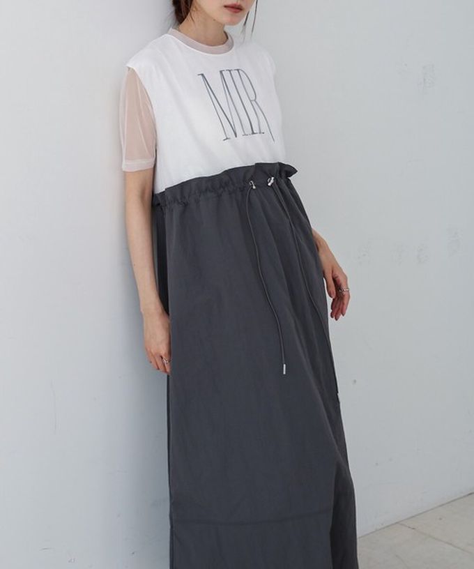 日本 Bab - 拼接層次感抽繩薄紗短袖洋裝-灰x黑