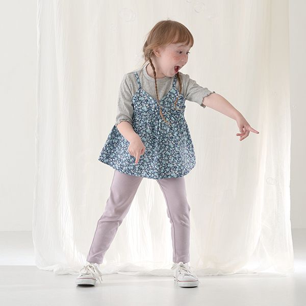 日本 Lycee mine - 假二件吊帶五分捲邊袖上衣-灰x藍花