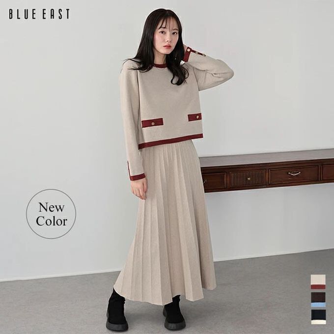 日本 BLUE EAST - 金釦滾邊針織上衣+優雅百摺長裙(2件組)-棕x藍