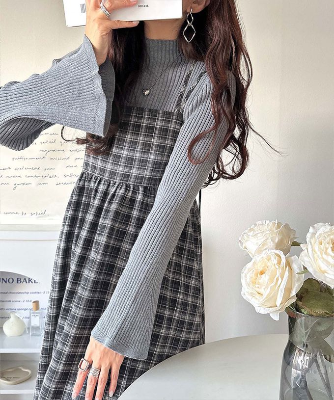 日本 Classical Elf - 學院風格紋甜美雙吊帶洋裝-深灰棕