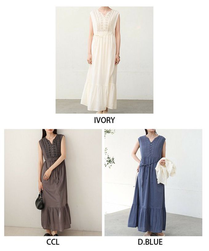 日本 Bab - 100%印度棉刺繡腰綁帶無袖洋裝-煙燻藍