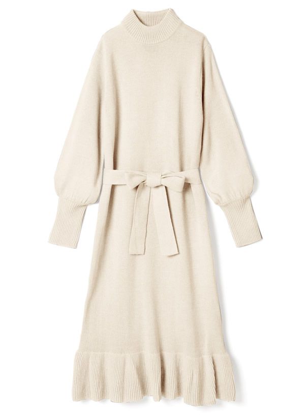 日本 GRL - 針織蝴蝶結綁帶荷葉擺洋裝-象牙白