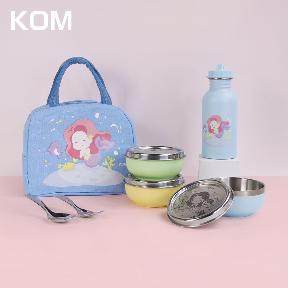 KOM - 夢想系列｜磨砂316不鏽鋼兒童隔熱碗三款各1+叉匙組+隨身瓶+便當袋-美人魚