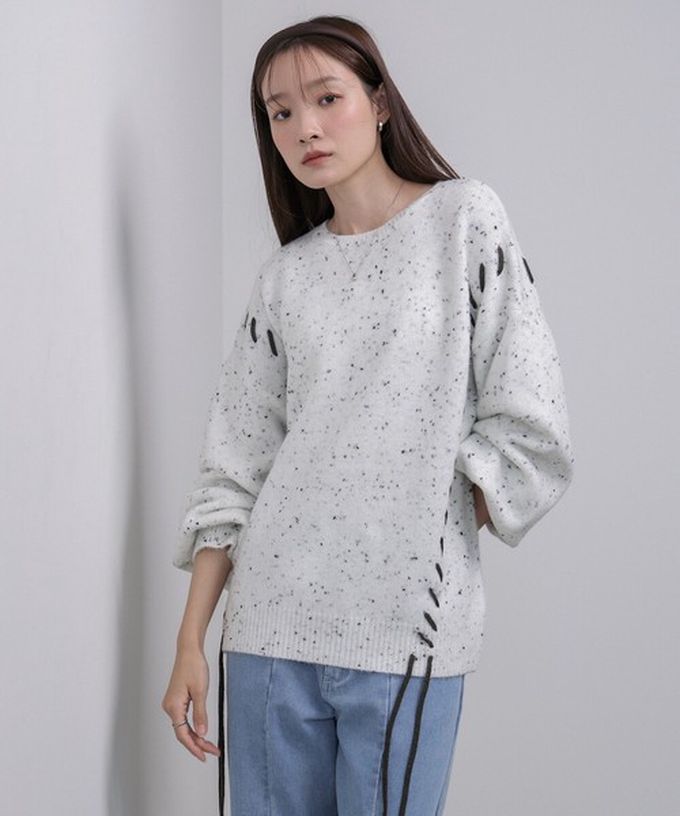 日本 Bab - 可可碎片感率性縫線針織上衣-灰白