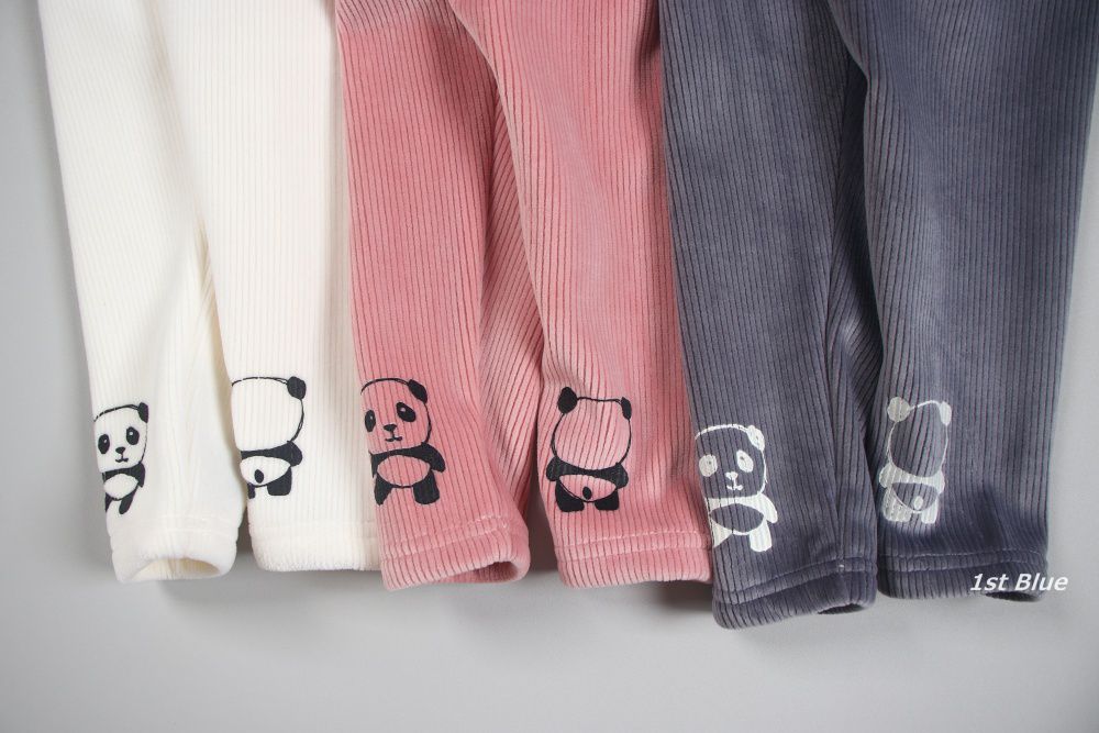 韓國 First Blue - 可愛熊貓鬆緊褲頭長褲(裏起毛)-粉紅