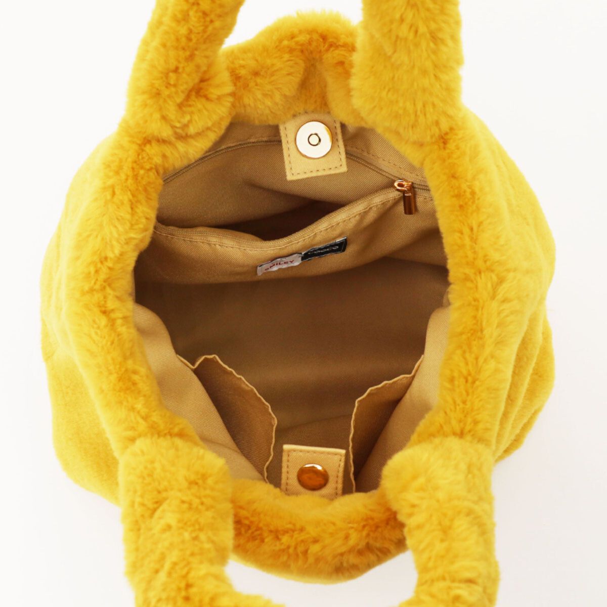 日本 COOCO - SMILEY聯名款 毛絨手提包/托特包(附小包)-芥黃 (W25*H23*D15cm)