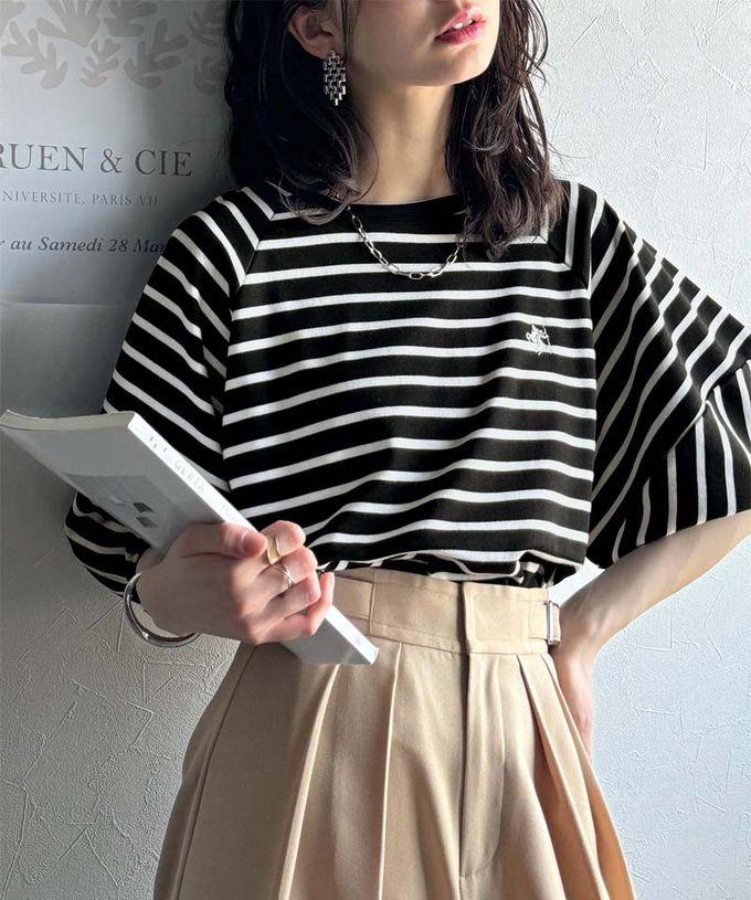 日本 Classical Elf - 定番條紋logo刺繡燈籠袖上衣-黑底