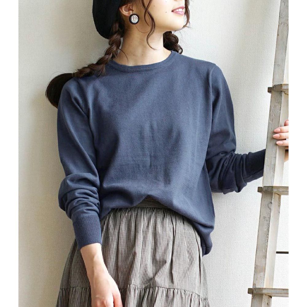 日本 zootie - 100%棉 輕盈柔軟薄針織上衣-圓領-灰藍
