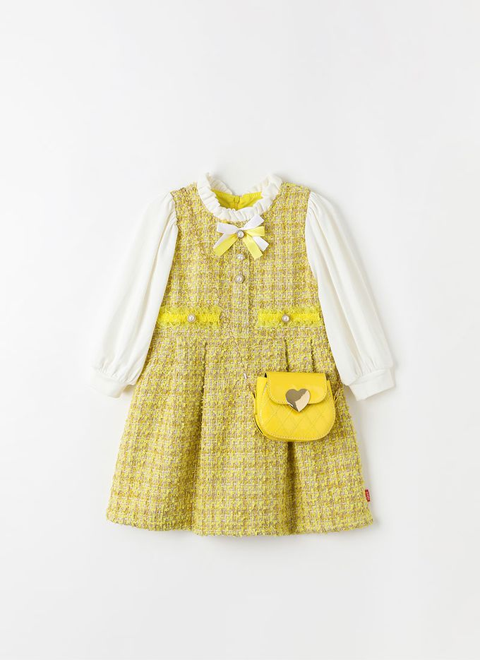 韓國 OZKIZ - (附包包)編織拼接感連身洋裝-黃