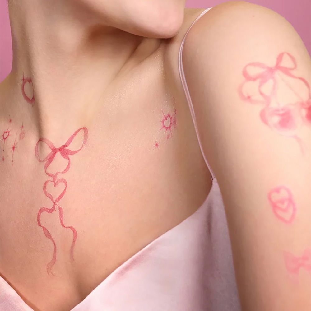 【neverhaveiever】Hearts & Cherries粉紅愛心櫻桃紋-立體閃鑽+個性手繪輕文青蝴蝶結愛心