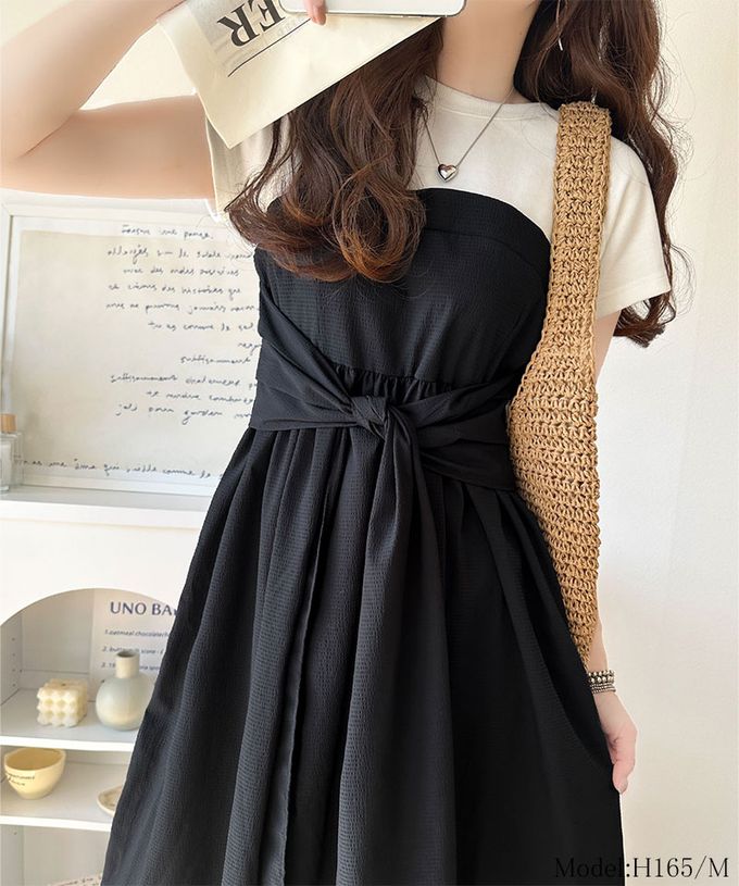 日本 Classical Elf - 綁帶2way清爽拼接感短袖洋裝-深灰x黑