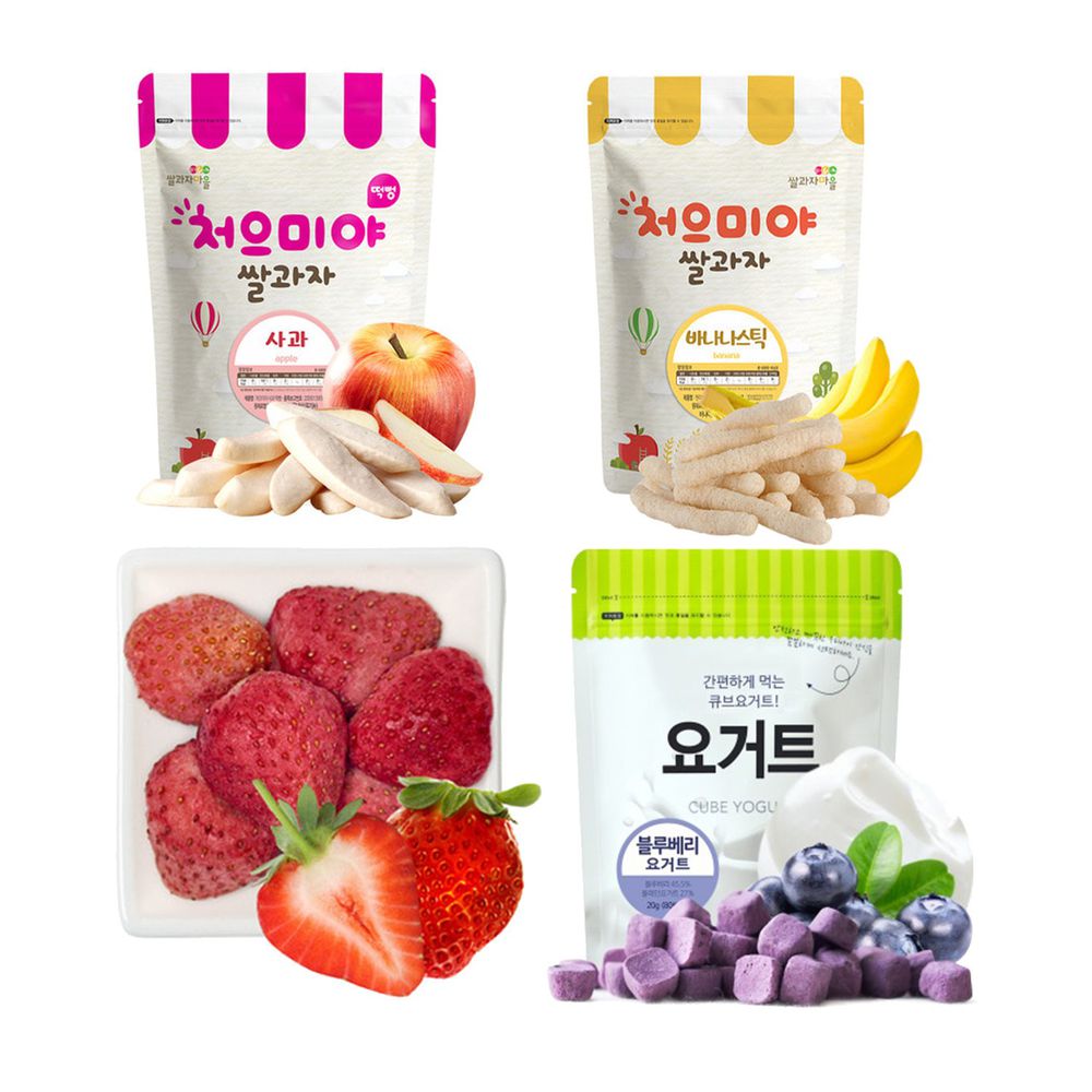 韓國SSALGWAJA米餅村 - 寶寶零食嚐鮮免運組合-寶寶米餅(蘋果)*1、糙米棒(香蕉)*1、水果脆片(草莓)*1、優格球(藍莓)*1
