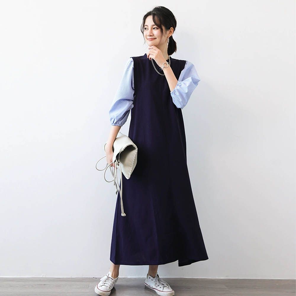 日系拼接假兩件泡泡袖洋裝-藍白條紋