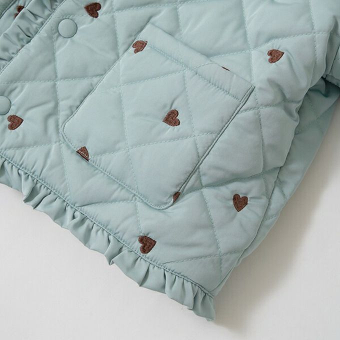 日本 Lycee mine - 滿版愛心荷葉皺褶內刷毛鋪棉外套-米白